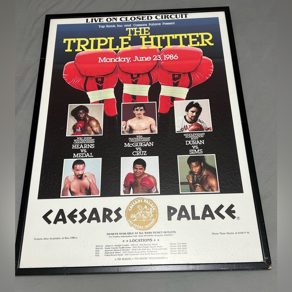 RARE VTG 1986 Caesars Palace Hearns Roberto Duran Original Framed Fight Poster